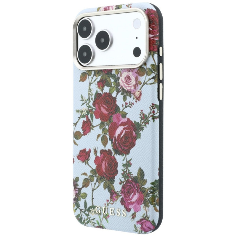 Guess GUE6026 Blossom Roses Print MagSafe dėklas, skirtas Apple iPhone 18 Pro / 17 Pro, mėlynas