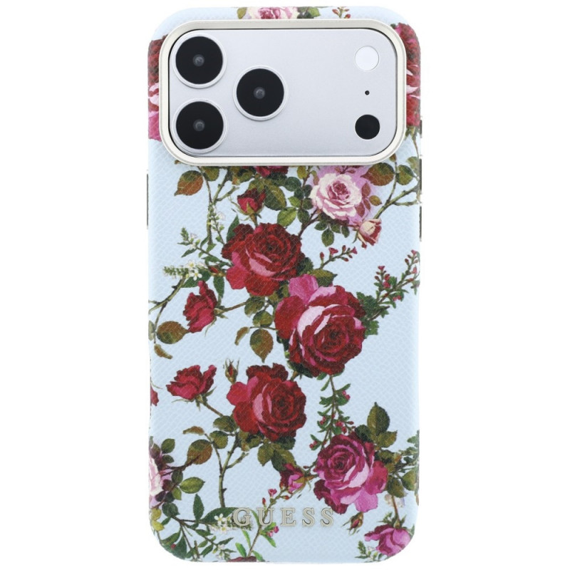 Guess GUE6026 Blossom Roses Print MagSafe dėklas, skirtas Apple iPhone 18 Pro / 17 Pro, mėlynas