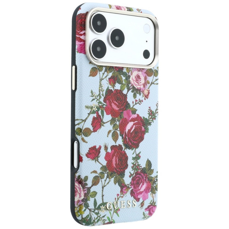 Guess GUE6026 Blossom Roses Print MagSafe dėklas, skirtas Apple iPhone 18 Pro / 17 Pro, mėlynas