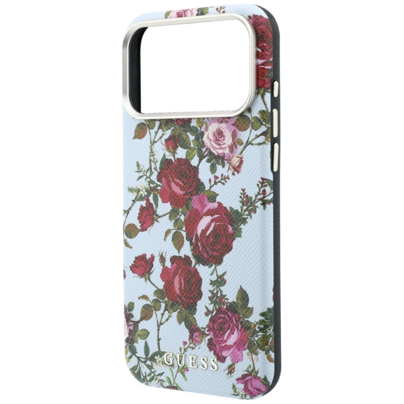 Guess GUE6026 Blossom Roses Print MagSafe dėklas, skirtas Apple iPhone 18 Pro / 17 Pro, mėlynas
