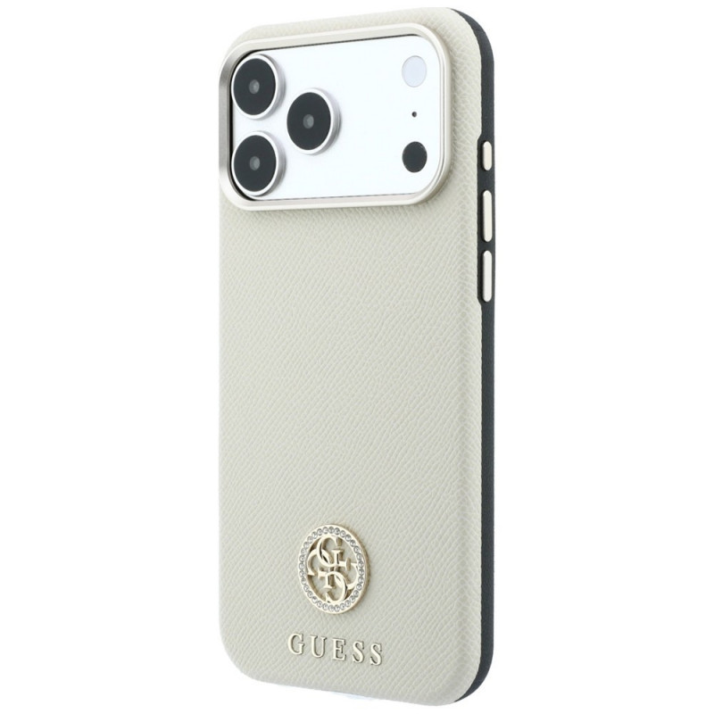 Guess GUE005545 Grained Round Strass Logo MagSafe dėklas, skirtas Apple iPhone 18 Pro / 17 Pro, smėlio spalvos