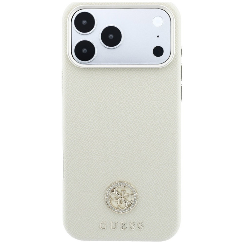 Guess GUE005545 Grained Round Strass Logo MagSafe dėklas, skirtas Apple iPhone 18 Pro / 17 Pro, smėlio spalvos