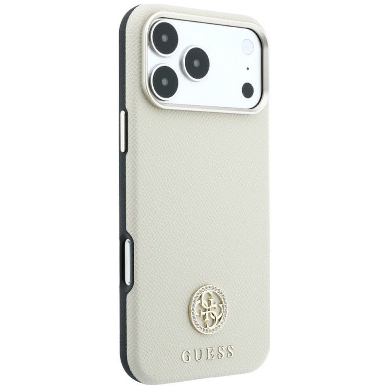Guess GUE005545 Grained Round Strass Logo MagSafe dėklas, skirtas Apple iPhone 18 Pro / 17 Pro, smėlio spalvos