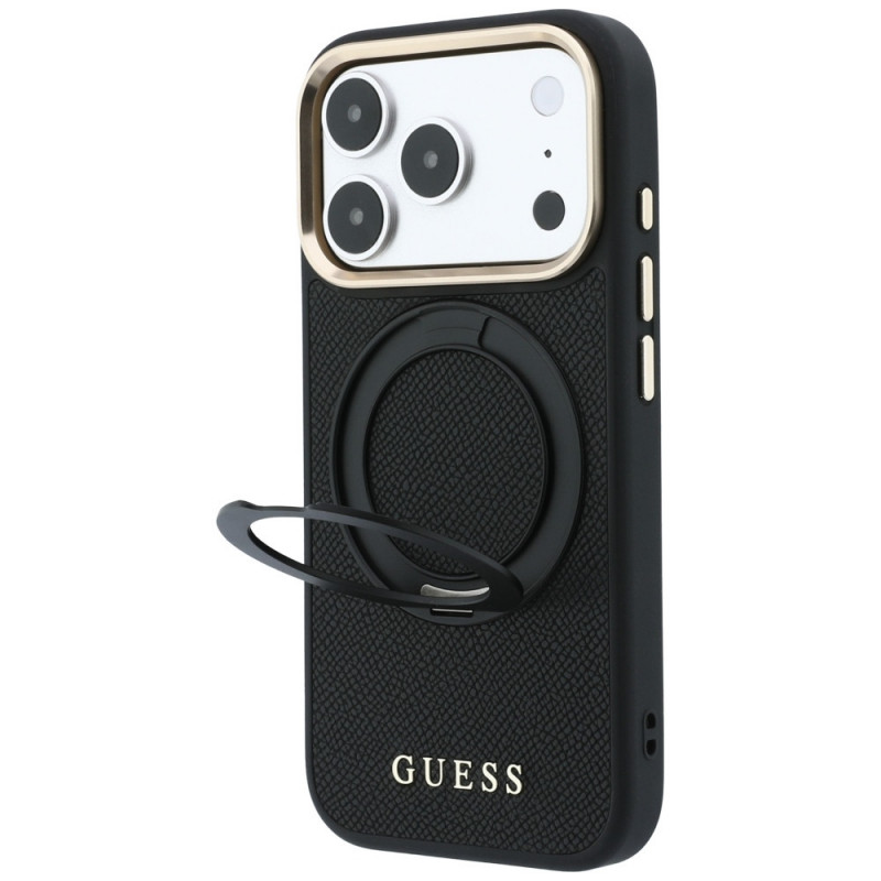 Guess Guess Ring Stand 360 Grained Classic Logo MagSafe dėklas, skirtas Apple iPhone 18 Pro / 17 Pro, juodas