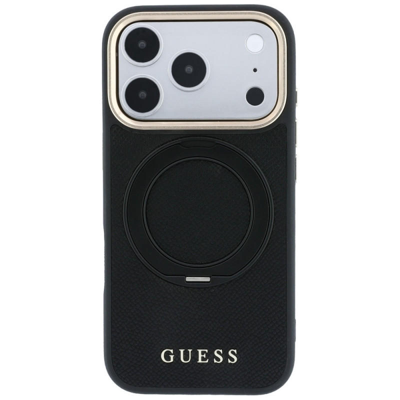 Guess Guess Ring Stand 360 Grained Classic Logo MagSafe dėklas, skirtas Apple iPhone 18 Pro / 17 Pro, juodas