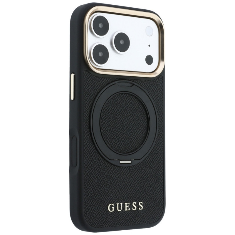 Guess Guess Ring Stand 360 Grained Classic Logo MagSafe dėklas, skirtas Apple iPhone 18 Pro / 17 Pro, juodas