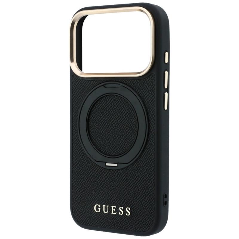 Guess Guess Ring Stand 360 Grained Classic Logo MagSafe dėklas, skirtas Apple iPhone 18 Pro / 17 Pro, juodas