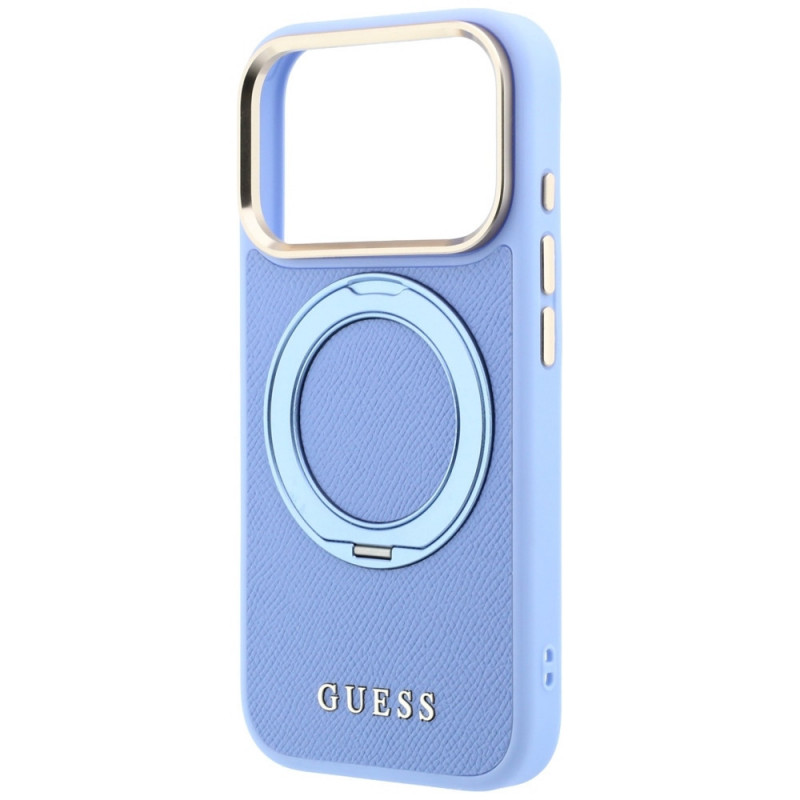 Guess Ring Stand 360 Grained Classic Logo MagSafe dėklas, skirtas Apple iPhone 18 Pro Max / 17 Pro Max, šviesiai mėlynas