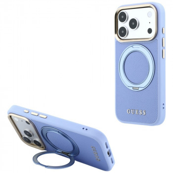 Guess Ring Stand 360 Grained Classic Logo MagSafe dėklas, skirtas Apple iPhone 18 Pro / 17 Pro, šviesiai mėlynas