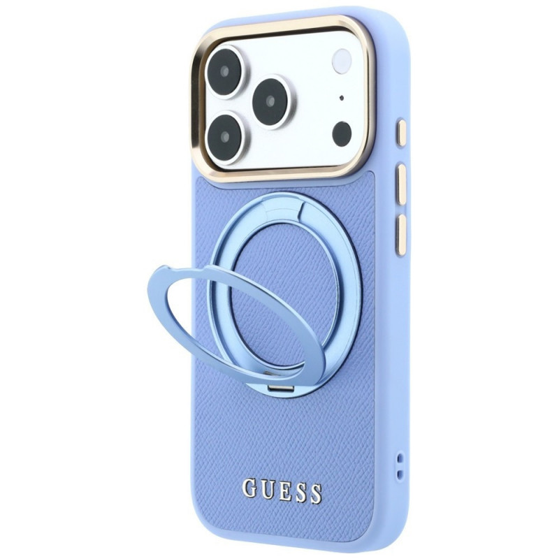 Guess Ring Stand 360 Grained Classic Logo MagSafe dėklas, skirtas Apple iPhone 18 Pro / 17 Pro, šviesiai mėlynas