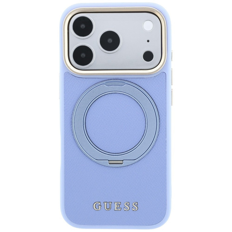 Guess Ring Stand 360 Grained Classic Logo MagSafe dėklas, skirtas Apple iPhone 18 Pro / 17 Pro, šviesiai mėlynas