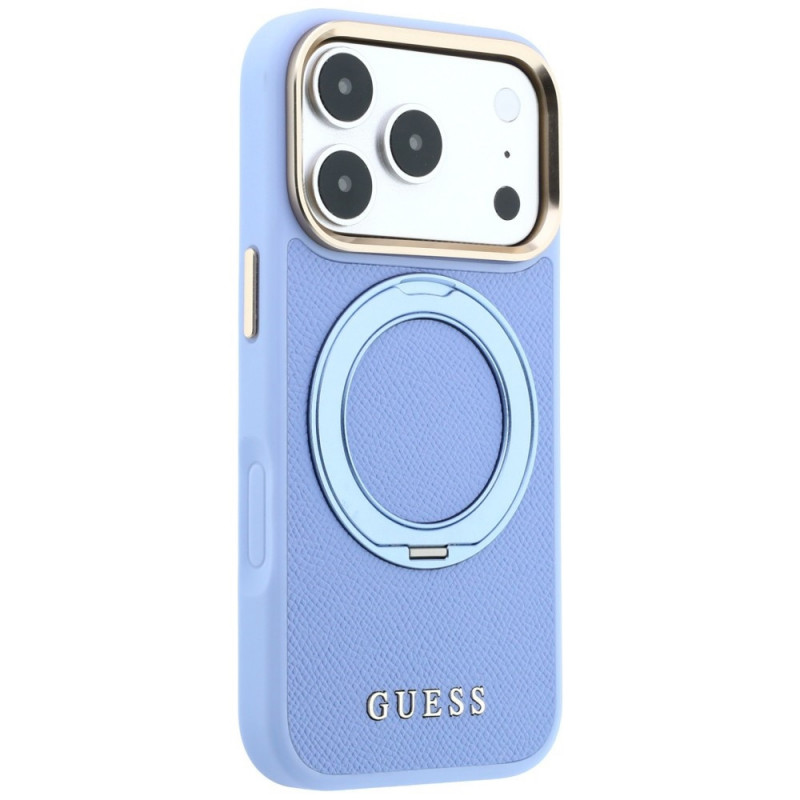 Guess Ring Stand 360 Grained Classic Logo MagSafe dėklas, skirtas Apple iPhone 18 Pro / 17 Pro, šviesiai mėlynas