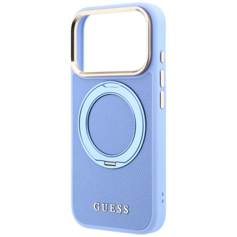 Guess Ring Stand 360 Grained Classic Logo MagSafe dėklas, skirtas Apple iPhone 18 Pro / 17 Pro, šviesiai mėlynas