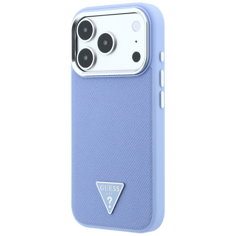 Guess Grained Triangle Logo MagSafe kietasis dėklas, skirtas Apple iPhone 18 Pro / 17 Pro, mėlynas