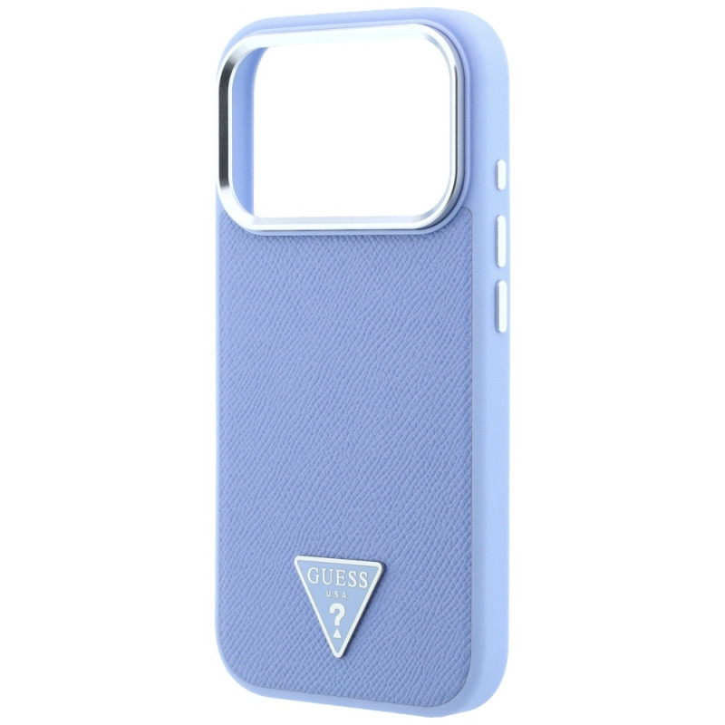 Guess Grained Triangle Logo MagSafe kietasis dėklas, skirtas Apple iPhone 18 Pro / 17 Pro, mėlynas