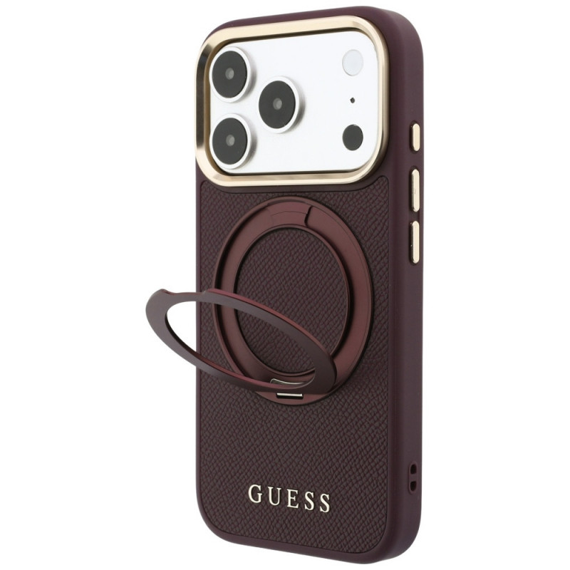 Guess Ring Stand 360 Grained Classic Logo MagSafe dėklas, skirtas Apple iPhone 18 Pro / 17 Pro, bordo spalvos