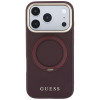 Guess Ring Stand 360 Grained Classic Logo MagSafe dėklas, skirtas Apple iPhone 18 Pro / 17 Pro, bordo spalvos