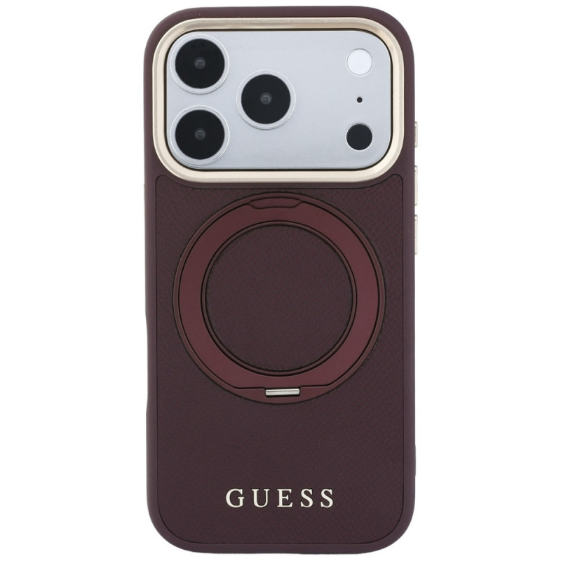 Guess Ring Stand 360 Grained Classic Logo MagSafe dėklas, skirtas Apple iPhone 18 Pro / 17 Pro, bordo spalvos