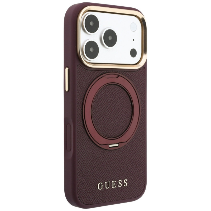 Guess Ring Stand 360 Grained Classic Logo MagSafe dėklas, skirtas Apple iPhone 18 Pro / 17 Pro, bordo spalvos