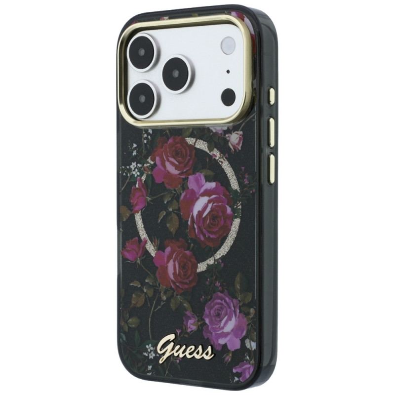 Guess GUE6042 IML Glitter Blossom Roses MagSafe kietasis dėklas, skirtas Apple iPhone 18 Pro Max / 17 Pro Max, juodas