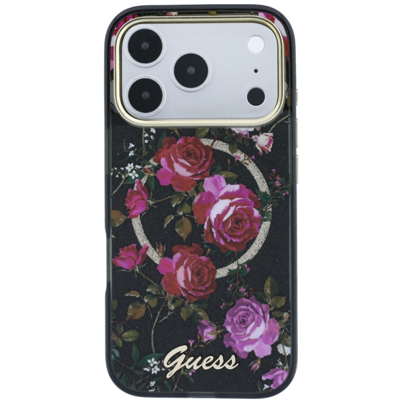Guess GUE6042 IML Glitter Blossom Roses MagSafe kietasis dėklas, skirtas Apple iPhone 18 Pro Max / 17 Pro Max, juodas
