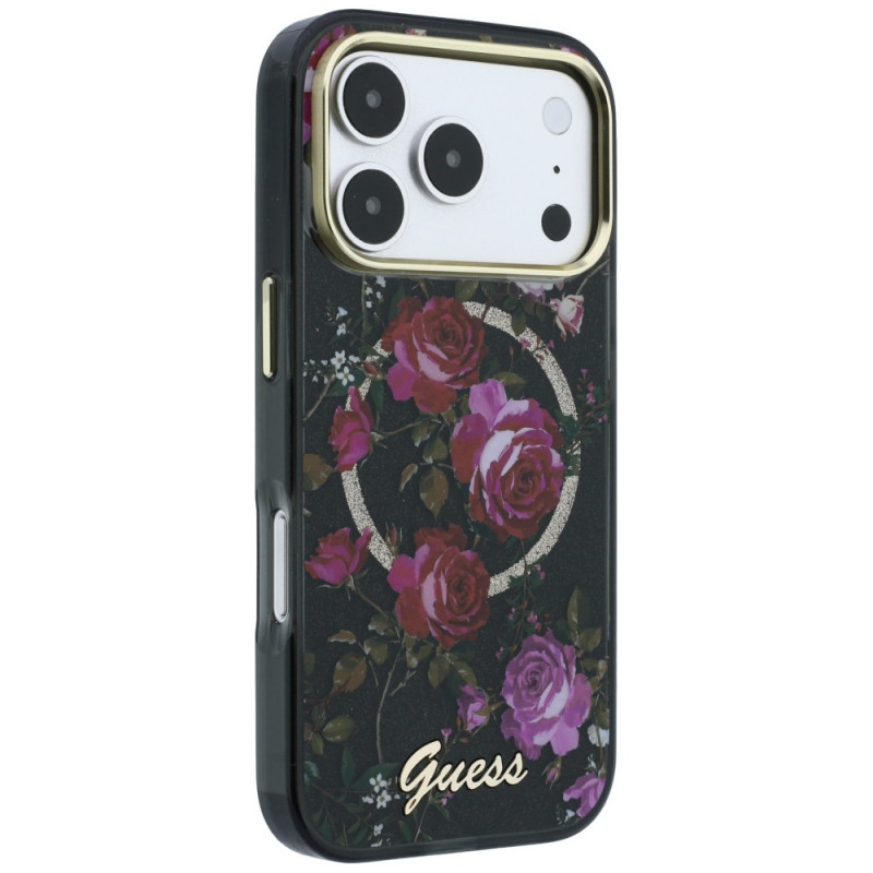 Guess GUE6042 IML Glitter Blossom Roses MagSafe kietasis dėklas, skirtas Apple iPhone 18 Pro Max / 17 Pro Max, juodas