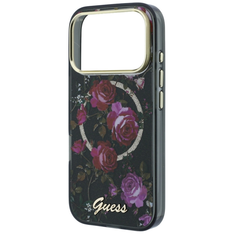 Guess GUE6042 IML Glitter Blossom Roses MagSafe kietasis dėklas, skirtas Apple iPhone 18 Pro Max / 17 Pro Max, juodas