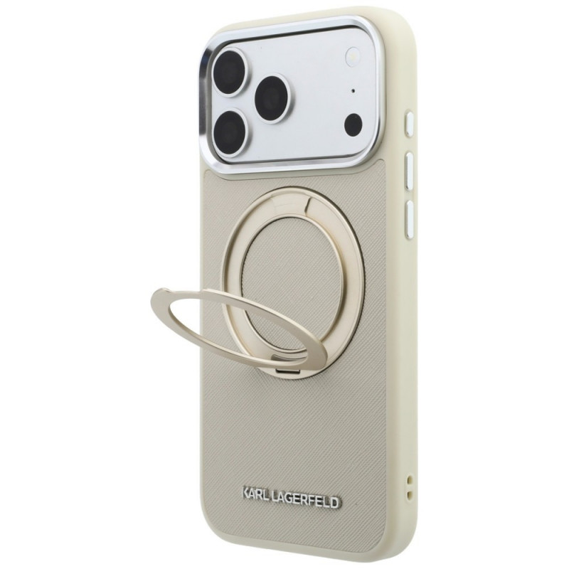 Karl Lagerfeld Ring Stand 360 Saffiano Classic Logo MagSafe dėklas, skirtas Apple iPhone 18 Pro / 17 Pro, smėlio spalvos