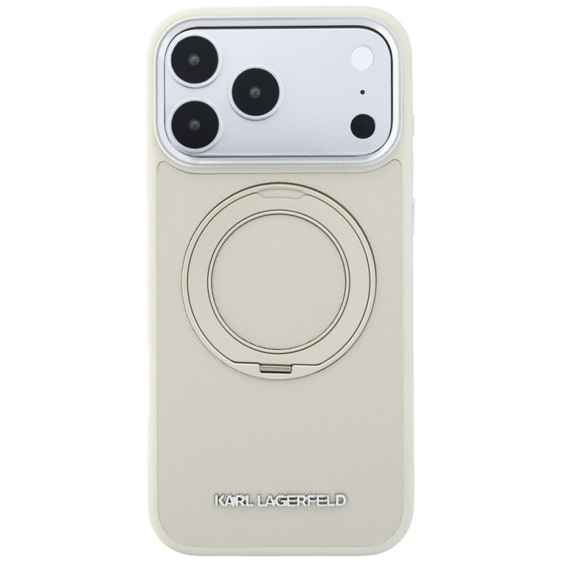 Karl Lagerfeld Ring Stand 360 Saffiano Classic Logo MagSafe dėklas, skirtas Apple iPhone 18 Pro / 17 Pro, smėlio spalvos