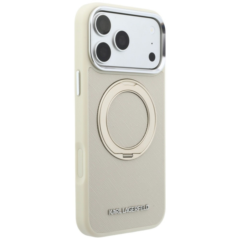 Karl Lagerfeld Ring Stand 360 Saffiano Classic Logo MagSafe dėklas, skirtas Apple iPhone 18 Pro / 17 Pro, smėlio spalvos