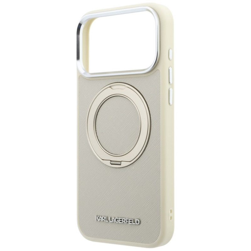 Karl Lagerfeld Ring Stand 360 Saffiano Classic Logo MagSafe dėklas, skirtas Apple iPhone 18 Pro / 17 Pro, smėlio spalvos