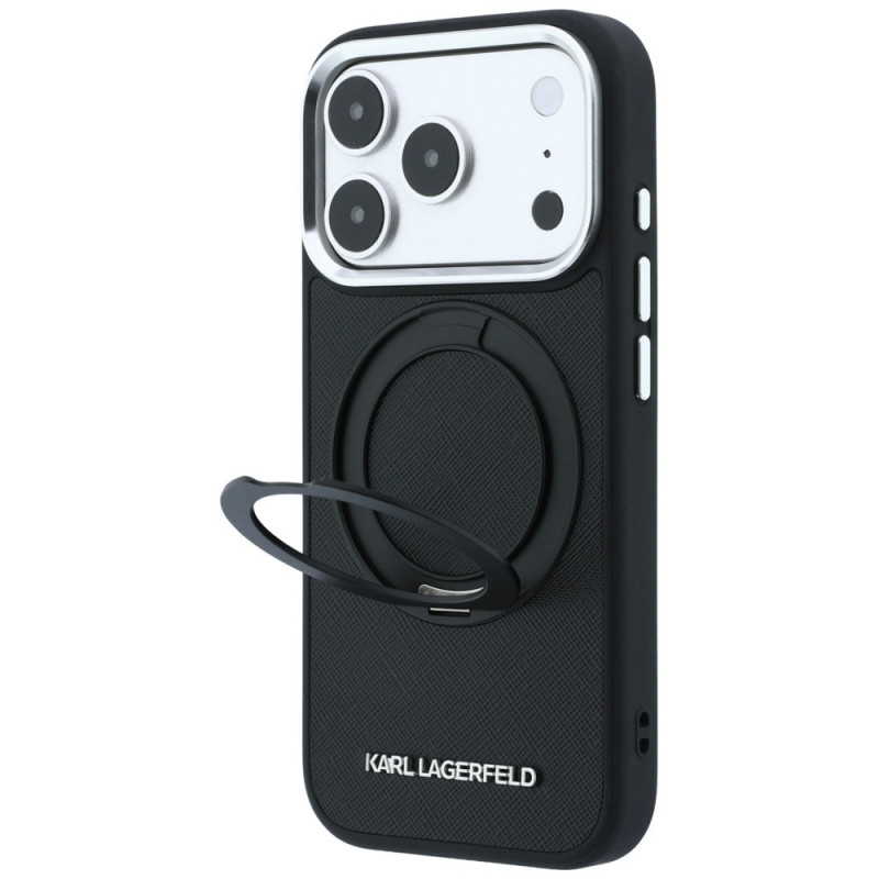Karl Lagerfeld Ring Stand 360 Saffiano Classic Logo MagSafe dėklas, skirtas Apple iPhone 18 Pro / 17 Pro, juodas (KF003179)