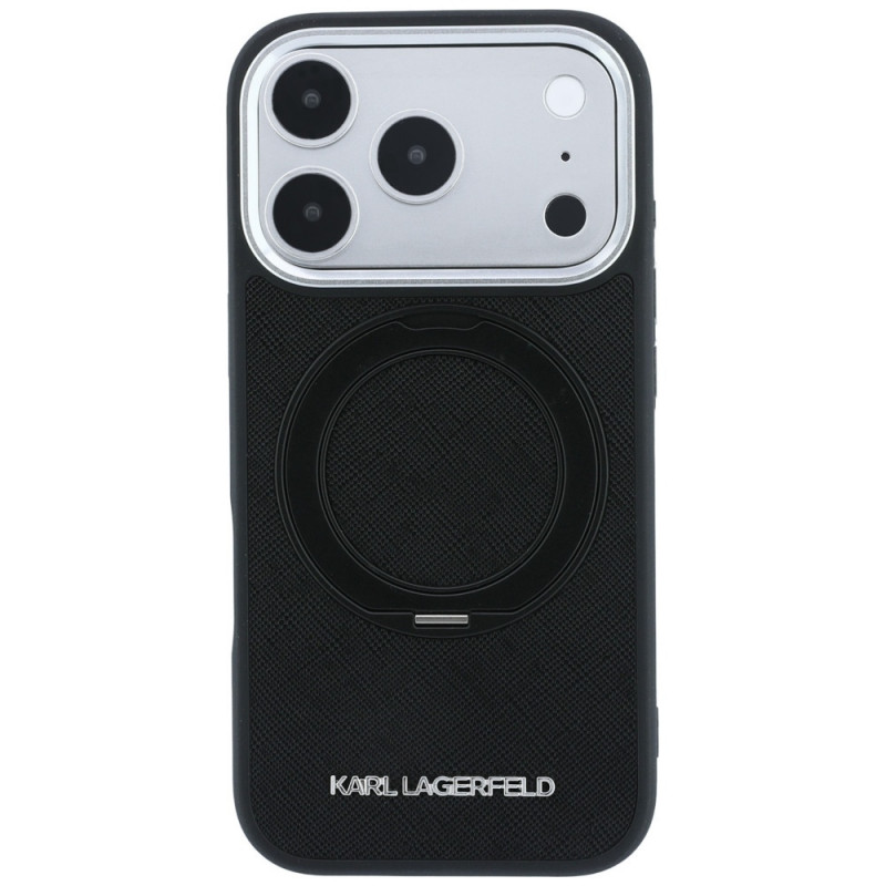 Karl Lagerfeld Ring Stand 360 Saffiano Classic Logo MagSafe dėklas, skirtas Apple iPhone 18 Pro / 17 Pro, juodas (KF003179)