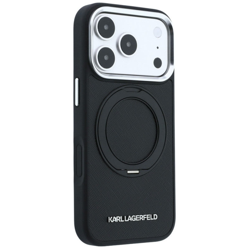 Karl Lagerfeld Ring Stand 360 Saffiano Classic Logo MagSafe dėklas, skirtas Apple iPhone 18 Pro / 17 Pro, juodas (KF003179)