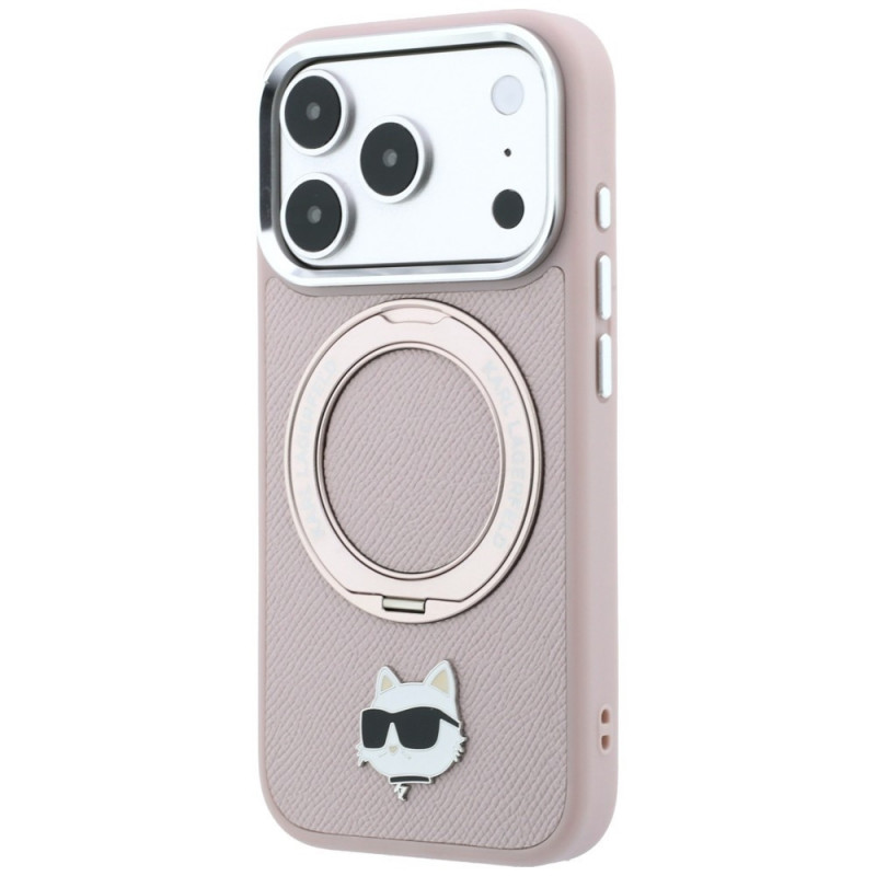 Karl Lagerfeld with Ring Stand 360 Choupette Head Pin MagSafe dėklas, skirtas Apple iPhone 18 Pro Max / 17 Pro Max, rožinis