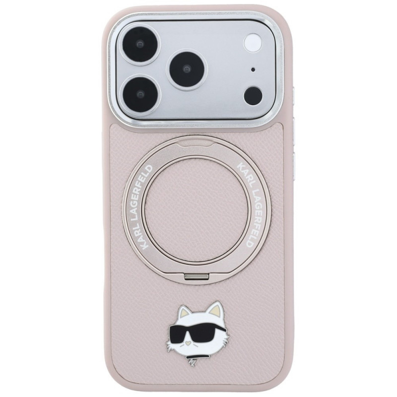 Karl Lagerfeld with Ring Stand 360 Choupette Head Pin MagSafe dėklas, skirtas Apple iPhone 18 Pro Max / 17 Pro Max, rožinis