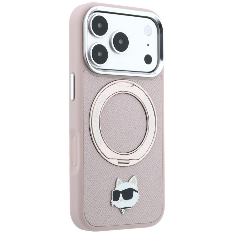 Karl Lagerfeld with Ring Stand 360 Choupette Head Pin MagSafe dėklas, skirtas Apple iPhone 18 Pro Max / 17 Pro Max, rožinis