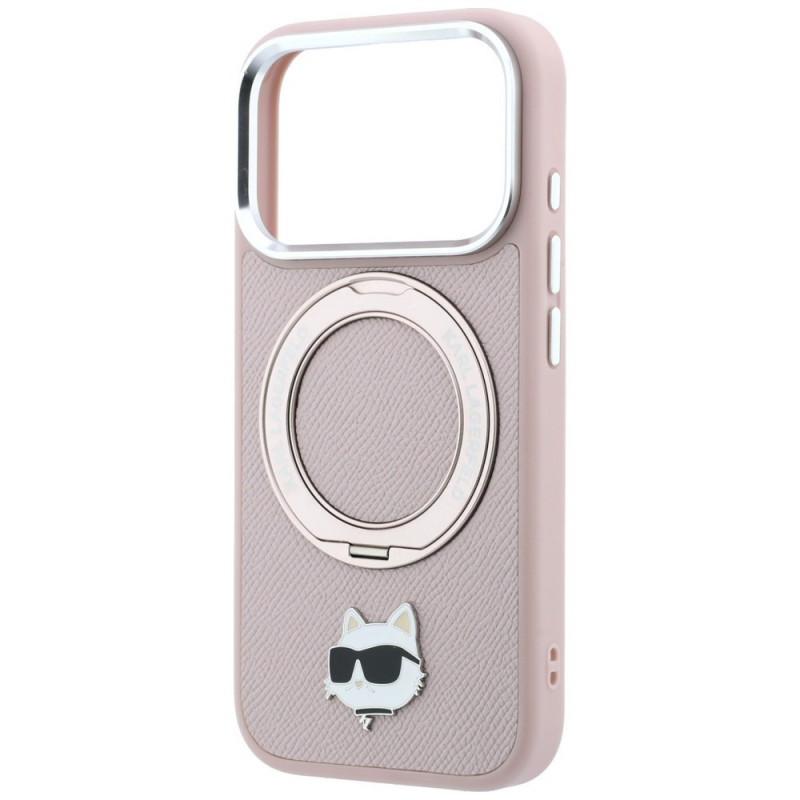 Karl Lagerfeld with Ring Stand 360 Choupette Head Pin MagSafe dėklas, skirtas Apple iPhone 18 Pro Max / 17 Pro Max, rožinis