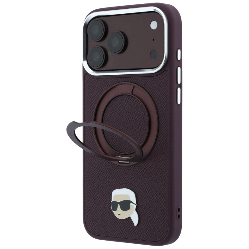 Karl Lagerfeld with Ring Stand 360 Karl Head Pin MagSafe dėklas, skirtas Apple iPhone 18 Pro Max / 17 Pro Max, bordinė spalva