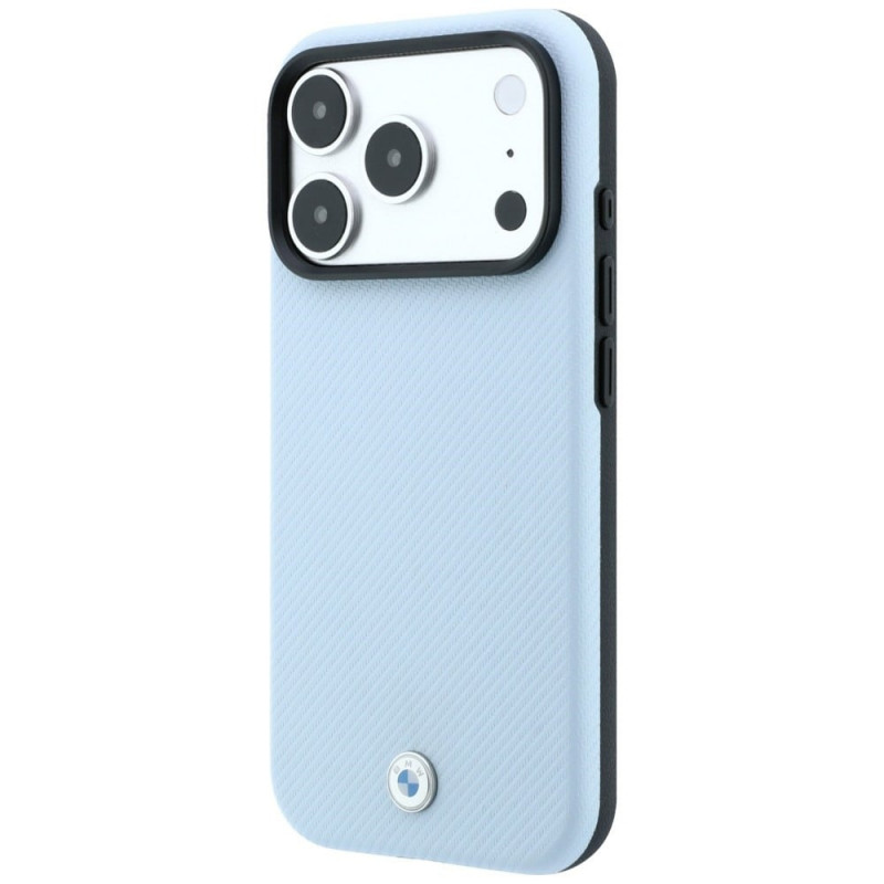 BMW Kevlar Metal Logo MagSafe dėklas, skirtas Apple iPhone 18 Pro Max / 17 Pro Max, mėlynas