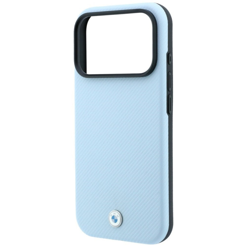 BMW Kevlar Metal Logo MagSafe dėklas, skirtas Apple iPhone 18 Pro Max / 17 Pro Max, mėlynas