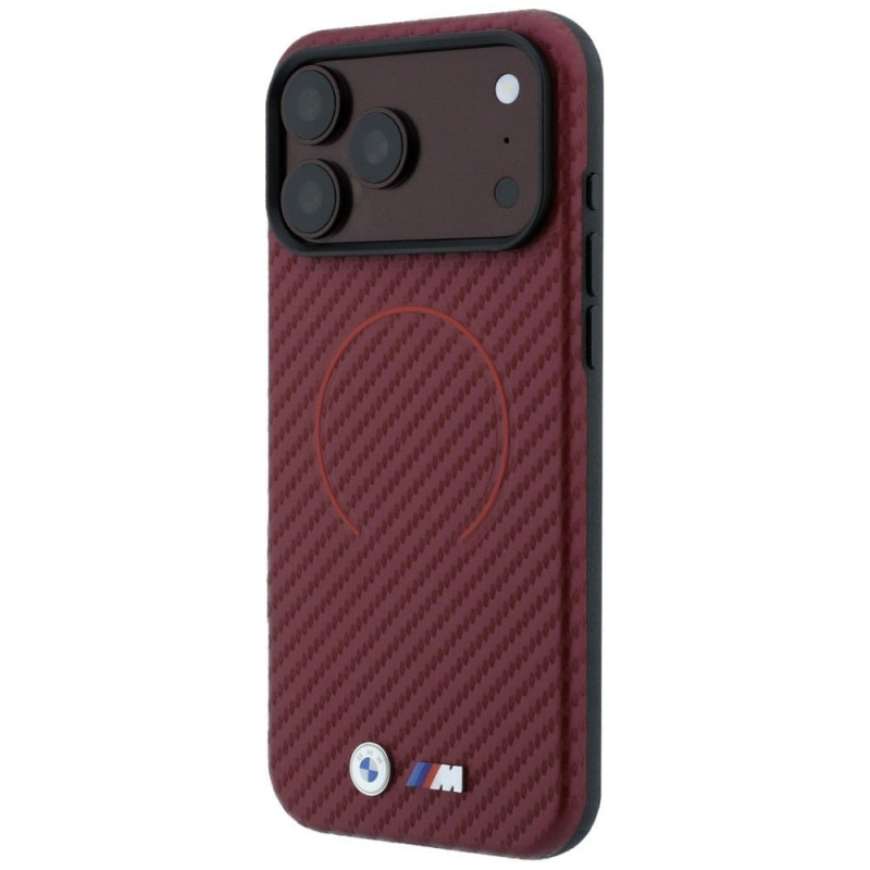 BMW M Carbon Printed Ring MagSafe apsauginis dėklas, skirtas Apple iPhone 18 Pro / 17 Pro, bordo spalvos