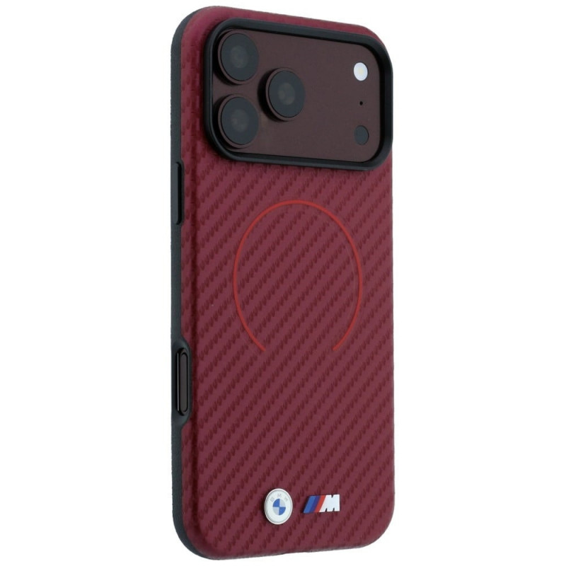BMW M Carbon Printed Ring MagSafe apsauginis dėklas, skirtas Apple iPhone 18 Pro / 17 Pro, bordo spalvos
