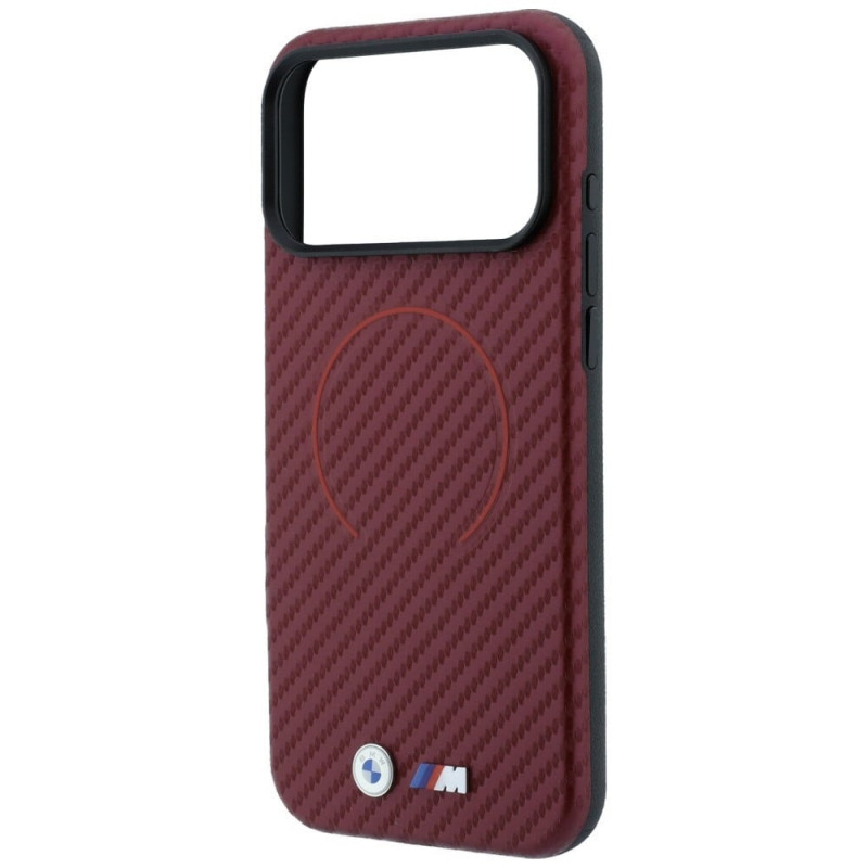 BMW M Carbon Printed Ring MagSafe apsauginis dėklas, skirtas Apple iPhone 18 Pro / 17 Pro, bordo spalvos