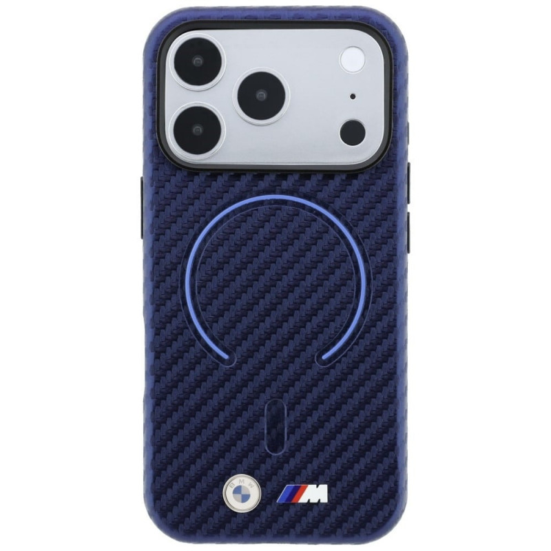 BMW M Carbon Printed Ring MagSafe apsauginis dėklas, skirtas Apple iPhone 18 Pro / 17 Pro, tamsiai mėlynas