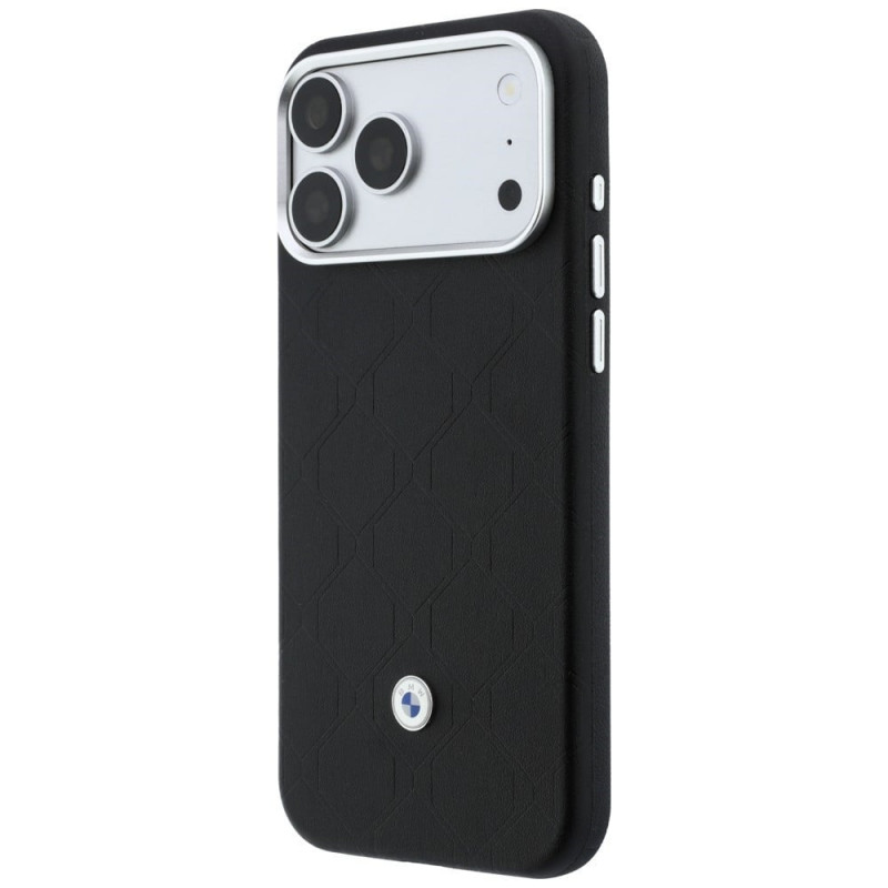 BMW Quilted Pattern Metal Logo dėklas ir piniginės rinkinys, skirtas Apple iPhone 18 Pro / 17 Pro, juodas