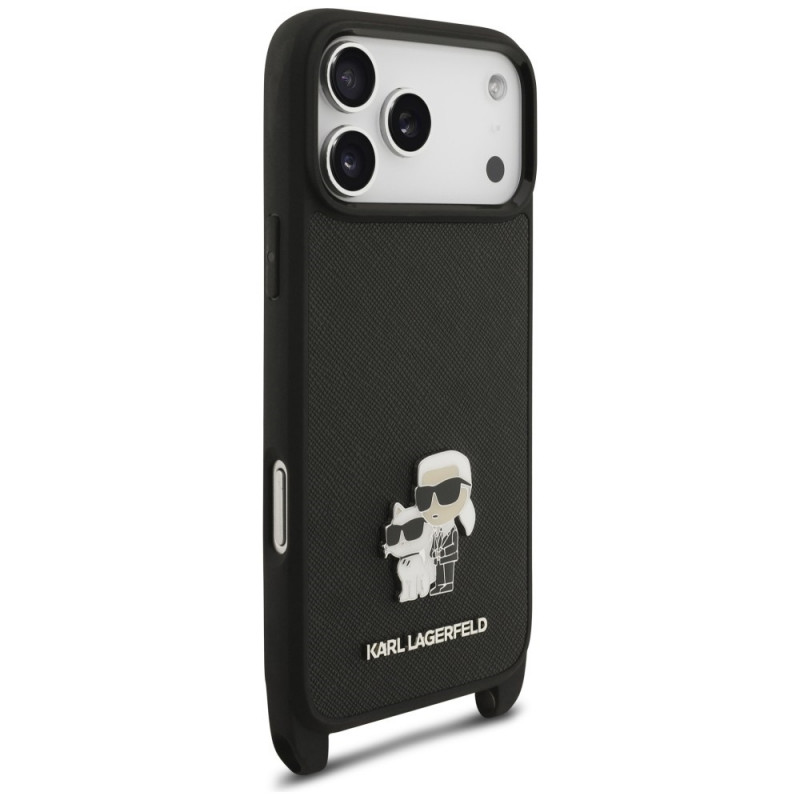 Karl Lagerfeld Saffiano Karl&Choupette Metal Pin CBDY Strap dėklas, skirtas Apple iPhone 18 Pro / 17 Pro, juodas