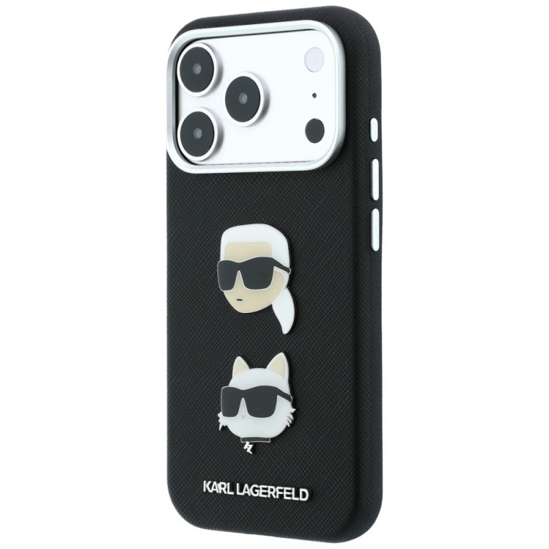 Karl Lagerfeld Saffiano Karl&Choupette Heads Pins Strap Logo dėklas, skirtas Apple iPhone 18 Pro / 17 Pro, juodas