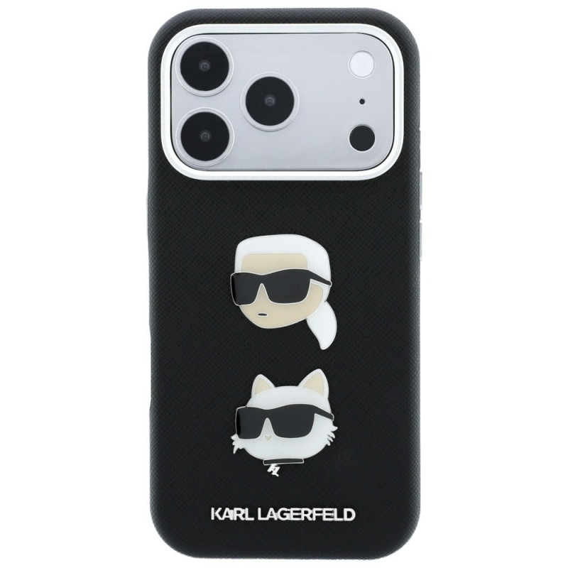 Karl Lagerfeld Saffiano Karl&Choupette Heads Pins Strap Logo dėklas, skirtas Apple iPhone 18 Pro / 17 Pro, juodas