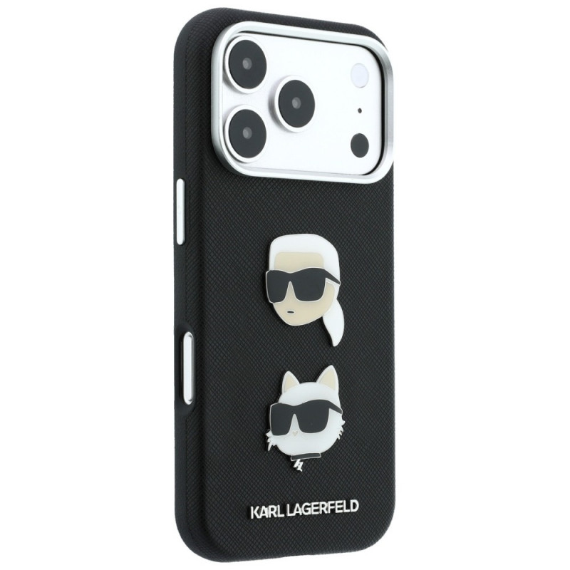 Karl Lagerfeld Saffiano Karl&Choupette Heads Pins Strap Logo dėklas, skirtas Apple iPhone 18 Pro / 17 Pro, juodas